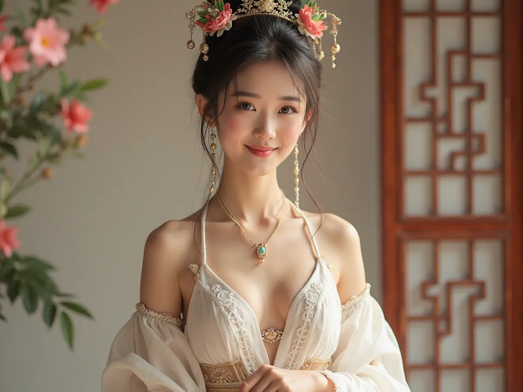 best quality, masterpiece, Ultra-high resolution, (Practical: 1.4), xiuxian, Smile, Shy, belly button, Exquisite makeup, Gorgeous jewelry, swimsuit, Detail face,, 1 girl, White clothes, Lotus print, Maple Leaf Print, solitary, arms, (Magic Circle: 1.2), xi...