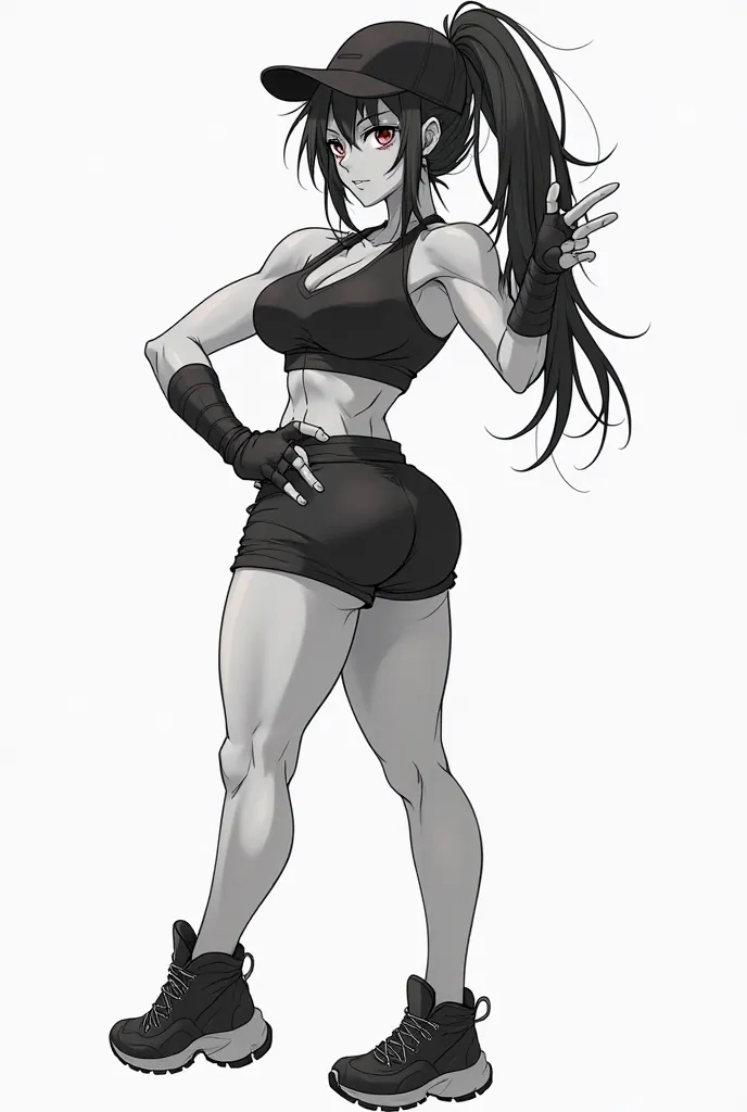 With the image of the anime girl in black and white with a thick but muscular build with big breasts and butt with long black hair, You can make a harder face and different gym poses in several totally white background images and she is dressed in gym clot...