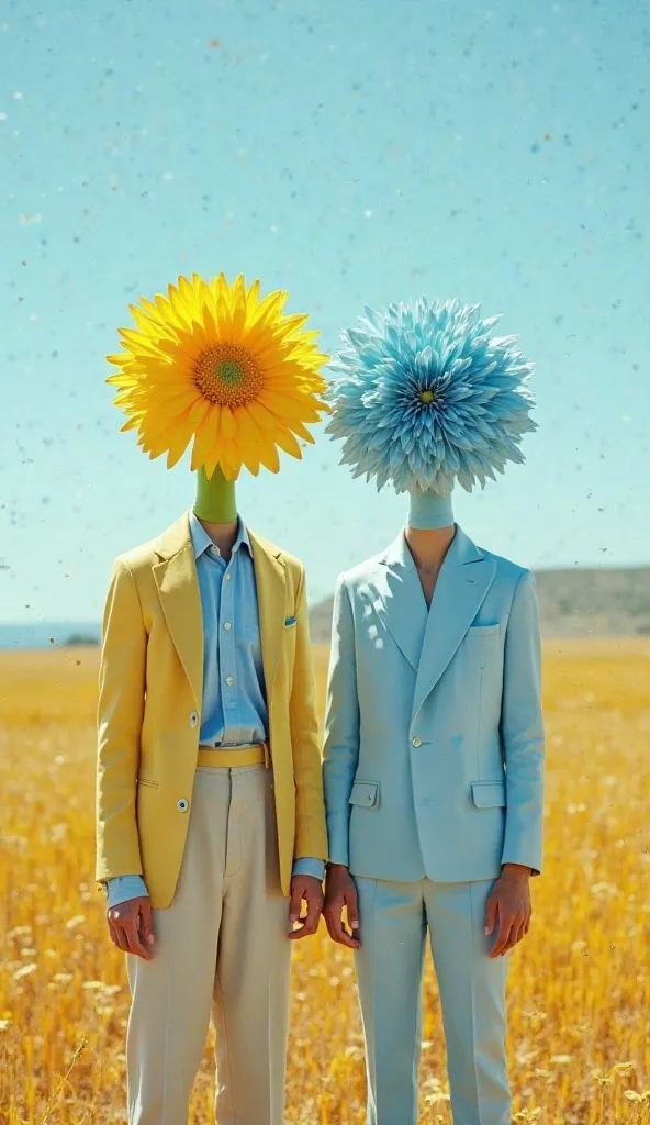 A cinematic still of two people with yellow and blue chrysanthemum heads, wearing pastel blue and mustard-colored in the style of Dries van Noten, standing on an field in ibiza midday, photographed in the style of Pixar's iconic surrealist style, editorial...