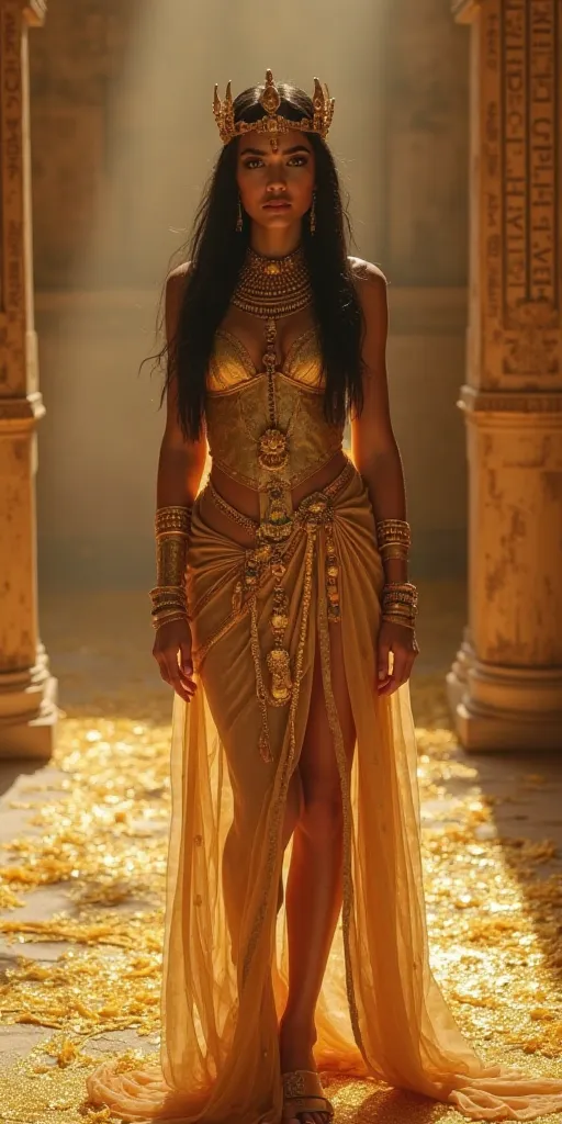 A majestic young and beautiful 18-year-old Egyptian girl, perfect from head to toe with robes, accessories and jewels of an ancient Egyptian queen, whose skin from foot to neck oozes liquid gold with deep and irresistible makeup Ancient Egyptian classic wi...