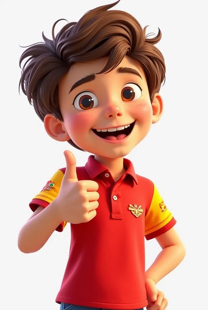 boy in red shirt polo shirt collar and stripes yellow sleeve with thumb up big brown hair, Animated