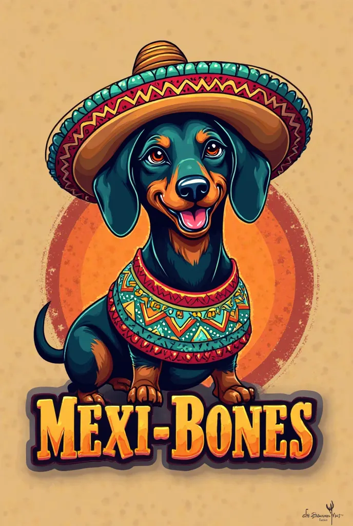 Create a logo for Mexi-Bones.(local Mexican food hat and boneless)
 That the logo includes a black dachshund, Mexican dress with hat and include the word "Mexi-bones".