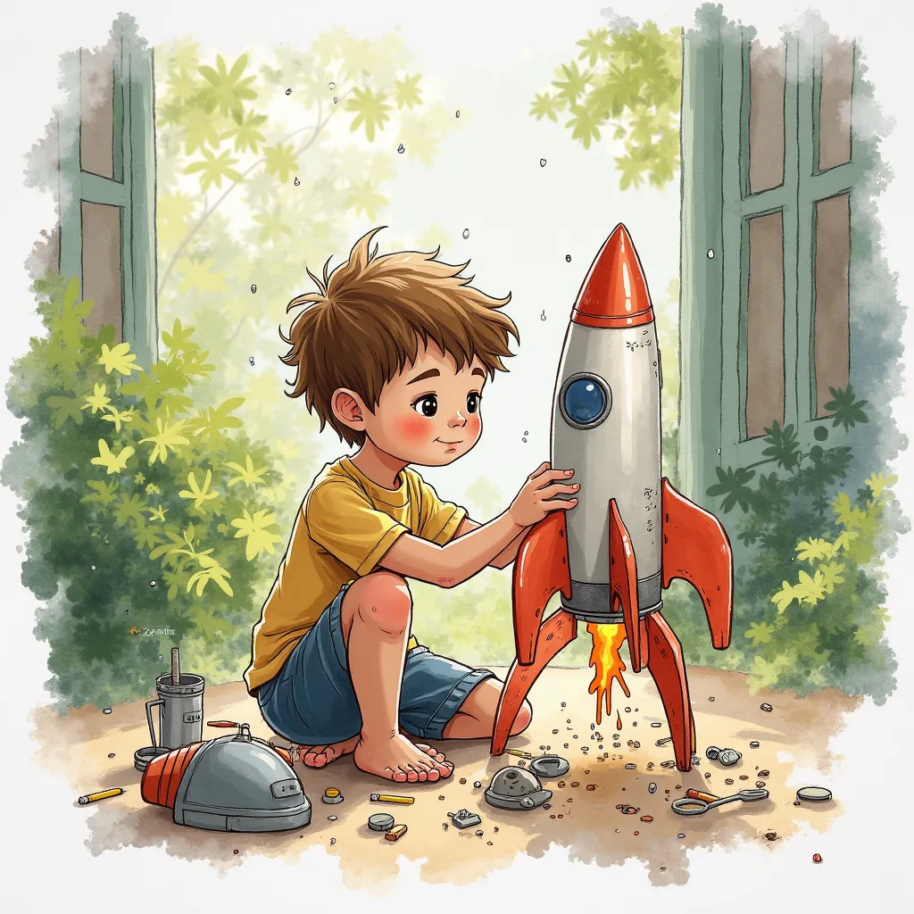 Watercolor painting . boy is building a rocket