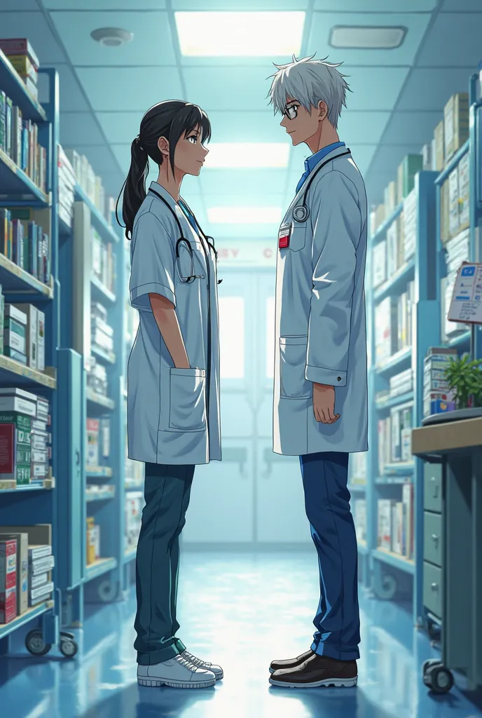 Anime of  female doctor with books on her and a male  both facing each other and in background  a hospital setting  