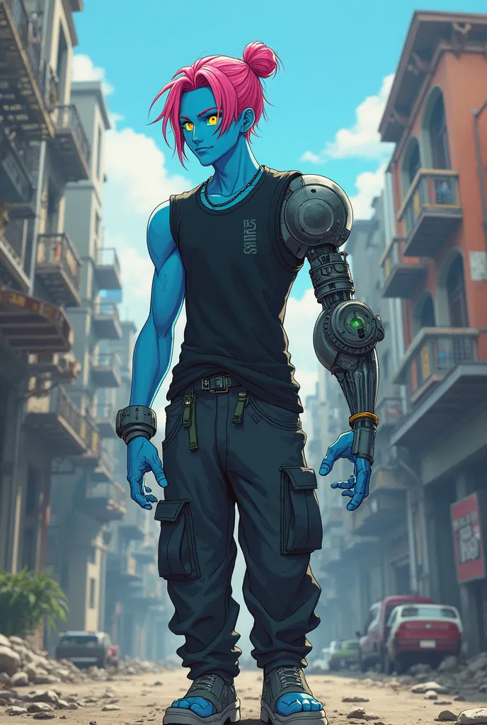 He has all blue skin. Pink hair in a manbun with shaved sides, pink eyebrows, a small hoop nose ring, neon green and yellow eyes. He has a half right robotic arm. Only his right arm is half  robotic. wearing baggy black pants, black shirt, he is dirty walk...