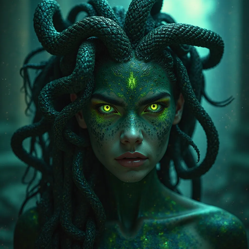 
"A breathtaking, ultra-realistic portrait of Medusa, the mythical Gorgon from Greek mythology. Her piercing, glowing green eyes radiate an aura of danger and power, with an intense gaze that could turn anyone to stone. Her serpentine hair is intricately d...