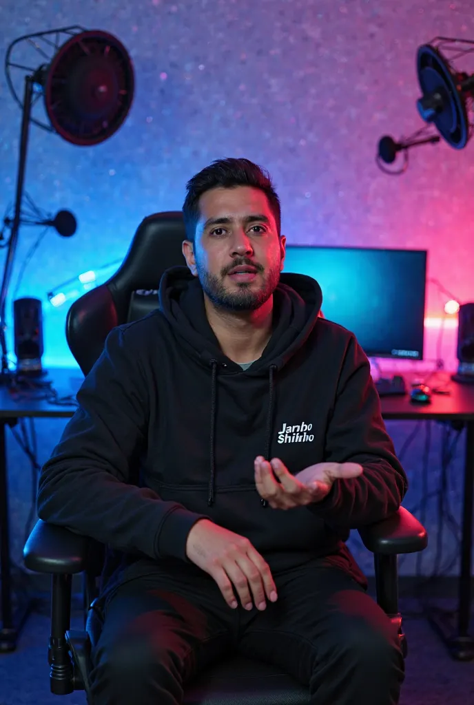 The man in the picture sits confidently on a modern gaming chair in his YouTube studio. He is wearing a black hoodie with the words "Janbo Shikhbo" written on it. His face is clearly visible and expressive. The man is gesturing with his hand, as if explain...