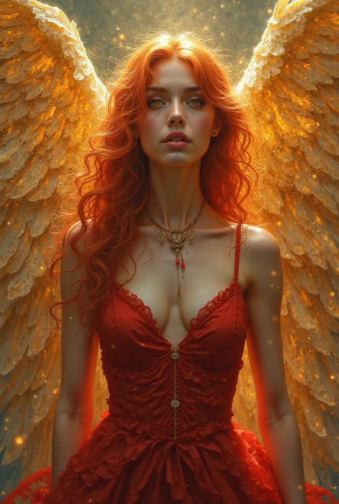 The girl has long red hair, there are golden wings on her head, is wearing a tight red dress.  golden eyes , behind her back 