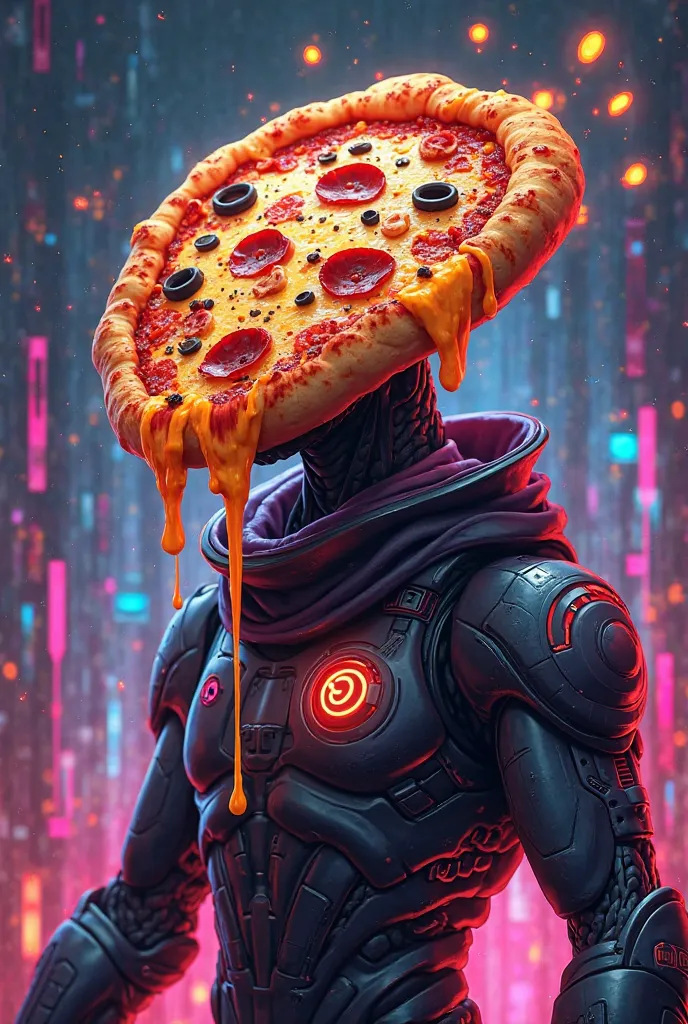 A highly detailed, dynamic logo featuring a stylized humanoid figure with a pizza for a head, designed with a vibrant gaming aesthetic. The pizza head is rich in detail, with gooey, melted cheese stretching between thick, crispy crust edges, and toppings l...