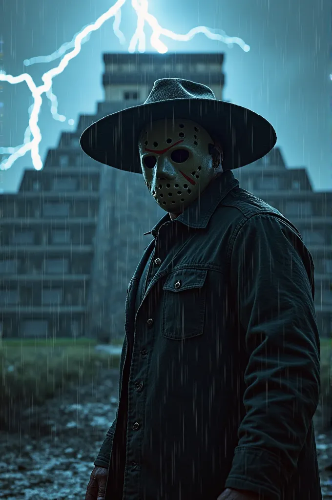 A full body image of Jason Voorhees, wearing a Yucatecan hat, In the background the pyramid of Chichén Itza at night with lightning and rain. 