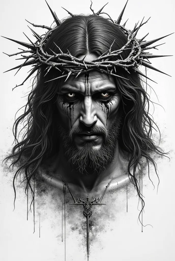 A gloomy, Gothic black and white design. In the center is a dramatic, artistically distorted depiction of Jesus Christ with a crown of thorns, tears and bleeding wounds, drawn in the style of a gloomy tattoo or streetwear artwork. The design should have an...