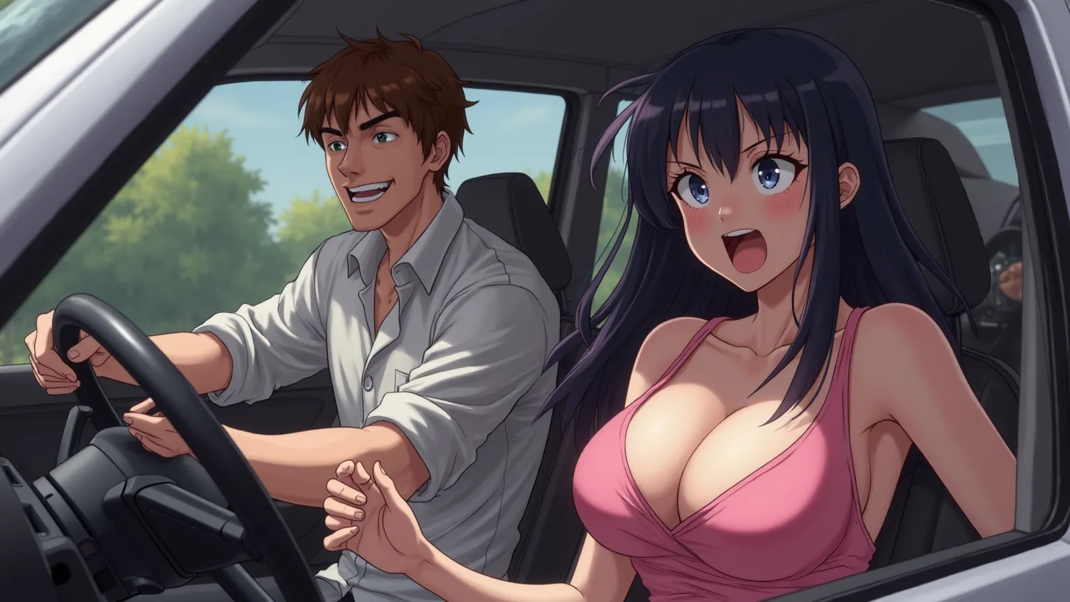 Anime style.  car interior. A 30-year-old man is driving, brown hair. He smiles cunningly and villainously as he holds on to the wheel. A 30-year-old girl is sitting in the passenger seat, black hair, pink dress, Big breasts and deep cleavage. The chest is...