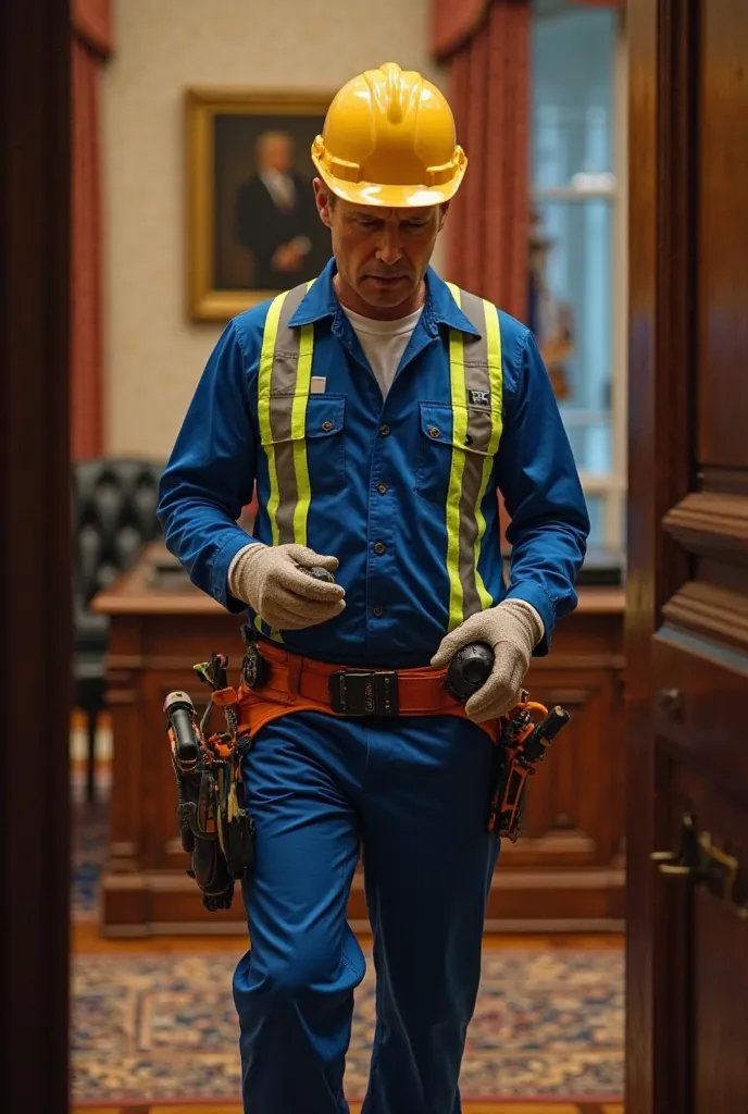 An electrician, wearing a realistic blue work uniform (reflective vest, tool belt, gloves, and yellow hard hat), is entering the office of Donald Trump at the White House. The scene is viewed from a high angle, looking down at the electrician as he steps i...