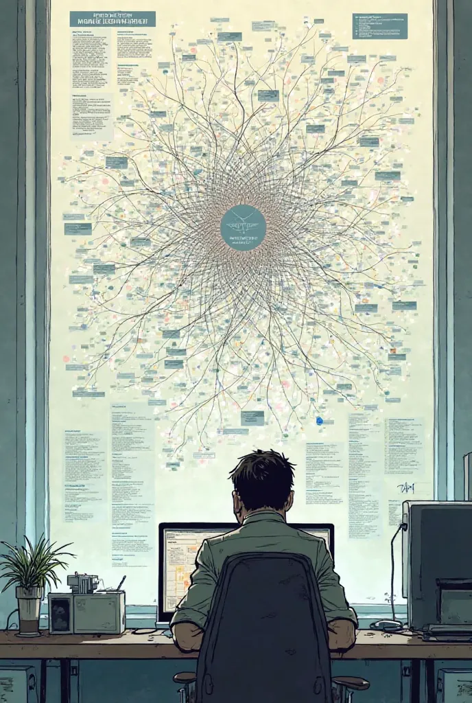 Panel 2: Alex looking at a picture of a money laundering network, with arrows and connections between different people and companies.