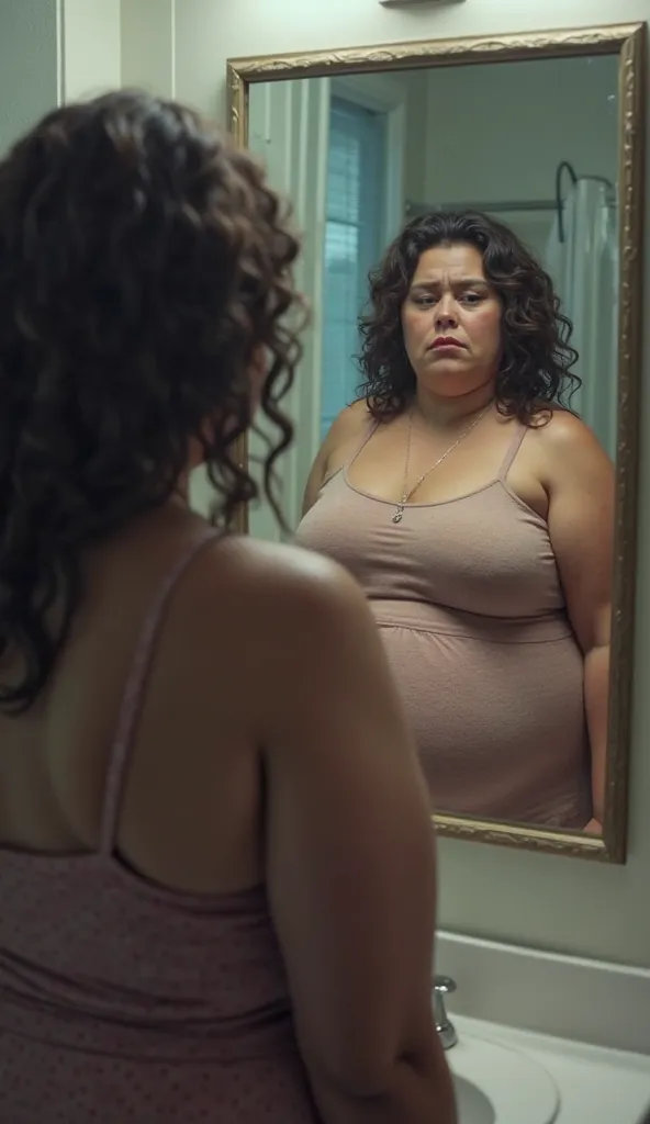 Fat woman looking at herself in the mirror disappointed 