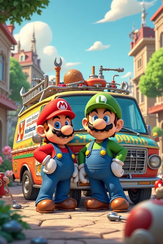 Create an image of Super Mario and Luigi with various tools and their multiservice van