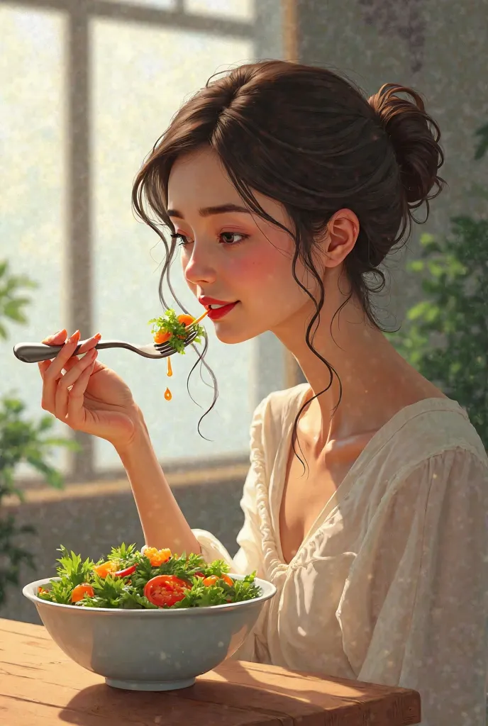 A woman eating salad 