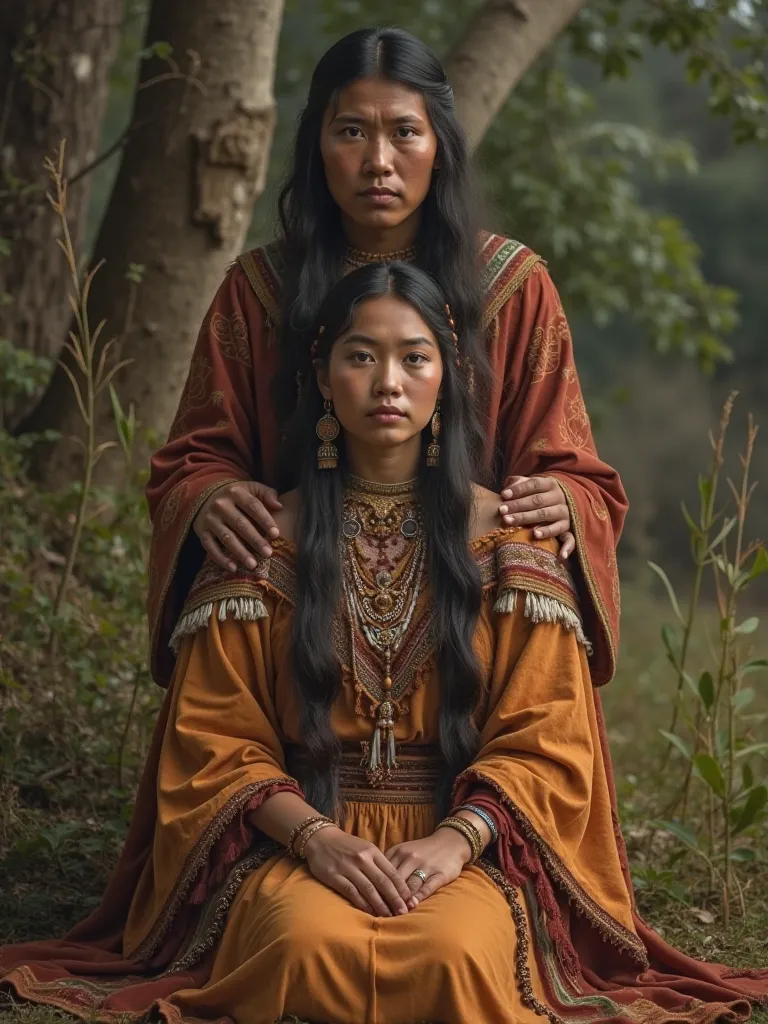 Create an indigenous woman sitting in front and an indigenous man behind her 