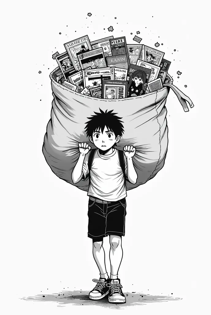 Make a image cering so many books in a bag Japanese manga style boy
 Manga theme black and white boy age 14