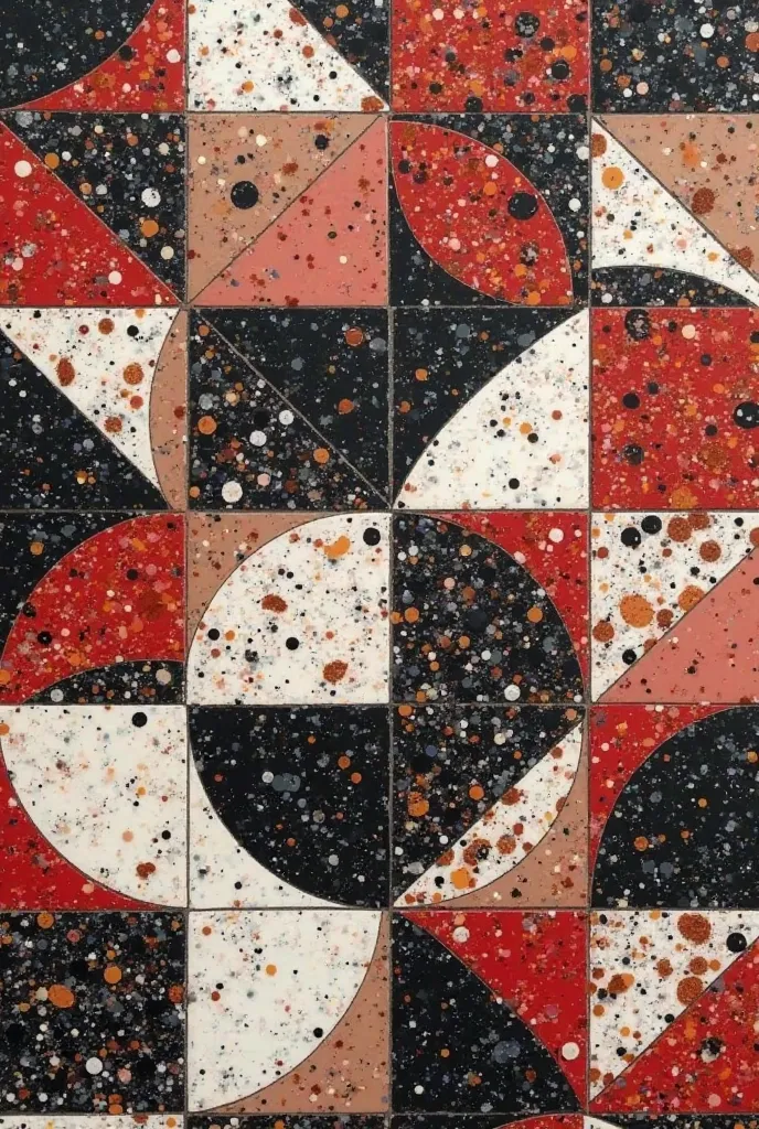 Please make attractive pattern photo for compound terrazzo tile with 30cm*15cm rectangular size with red, black and white color terrazzo tiles combination