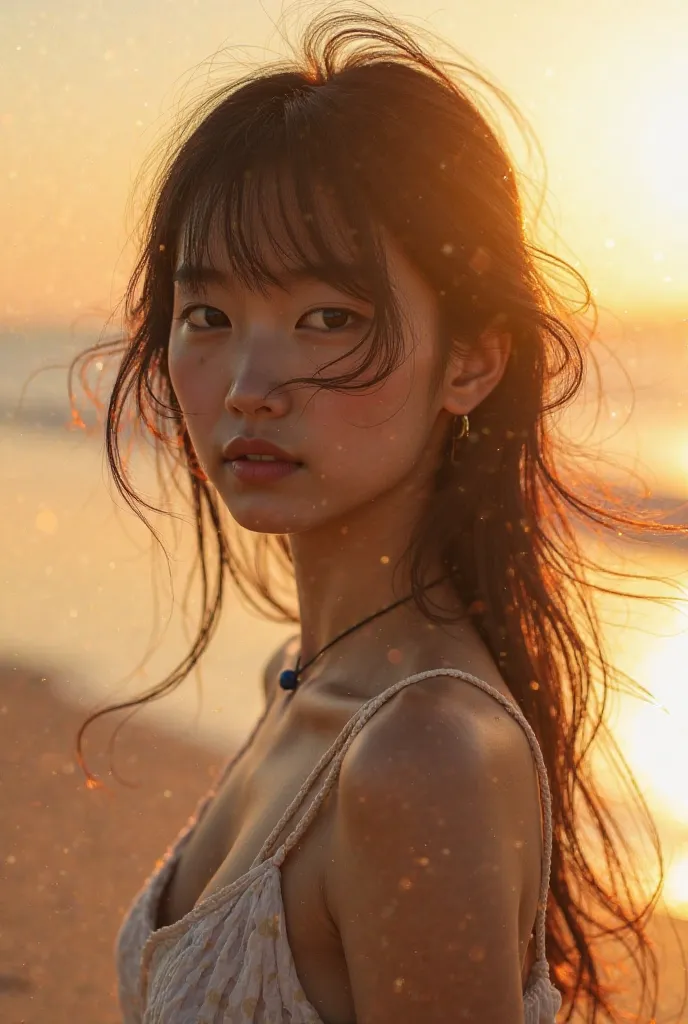 Morning mist, sunrise, lens flare, a cool breeze, a young Japanese woman with delicate features, her long hair tousled by the wind, strands of hair scattered across her face, wearing summer clothes, with a beachside background.