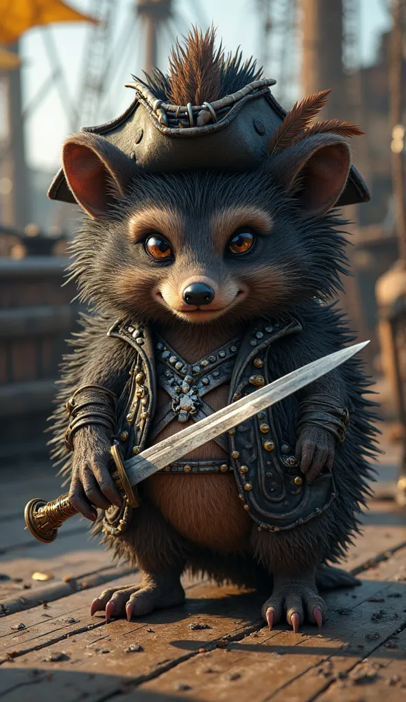 Draw an evil, realistic Pirate Hedgehog wearing a black bandage on one eye, in a pirate hat and with a sword