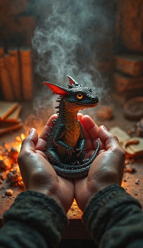 Ultra-realistic first-person perspective of a traveler inside a dimly lit house, gently holding a newly hatched baby dragon in their hands. Only the traveler’s hands are visible in the foreground, carefully cradling the fragile yet fierce creature. The bab...