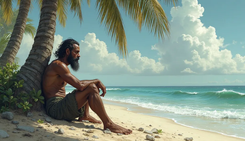 Slim man with long beards without a shirt with torn pants sitting leaning on a palm tree looking at the desperate sky on a desert island in the background you can see the sea 