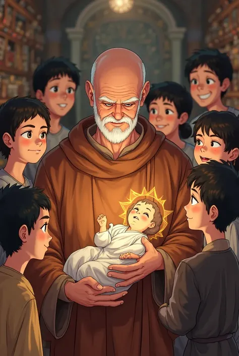 Create an anime-style cartoon of Saint Anthony with a brown outfit, bald, with the baby Jesus in her arms and with several ren around smiling and learning 