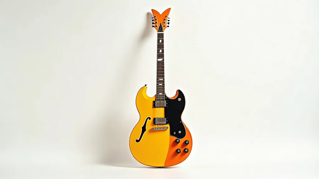 A guitar with a butterfly neck, all on a white background, and the guitar itself is electric, yellow-orange-black. In minimalism