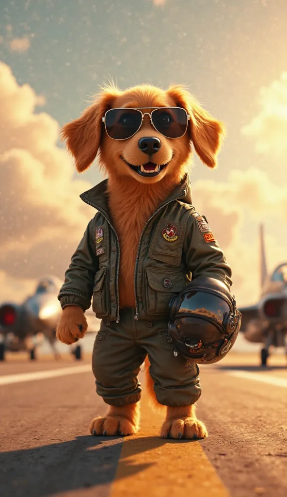 A Pixar-Disney-style anthropomorphic golden retriever, parodying a Top Gun pilot, stands on a high-speed jet runway with the wind ruffling its soft fur. The dog wears a detailed flight jumpsuit with embroidered patches, a snug leather bomber jacket, and a ...