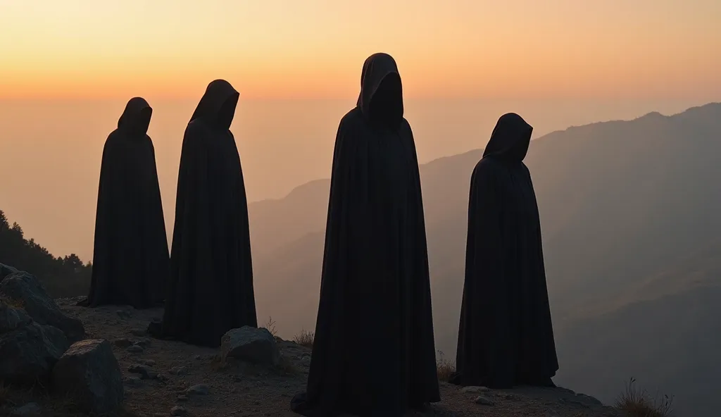 A group of tall, shadowy figures wearing long black cloaks stand motionless on a foggy mountain ridge in the Santa Lucia Mountains. Their faces are obscured, their presence eerie yet silent. The twilight sky casts an orange glow, but the figures remain dar...