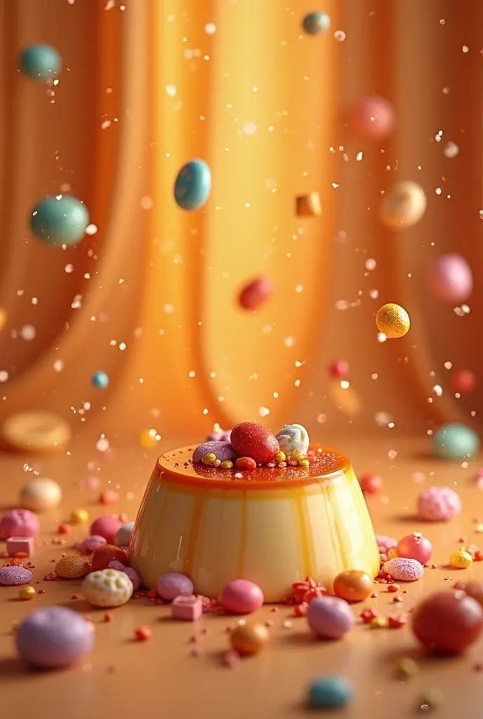 Header image of candy flowing down with caramel background and a flan in the middle of the image 