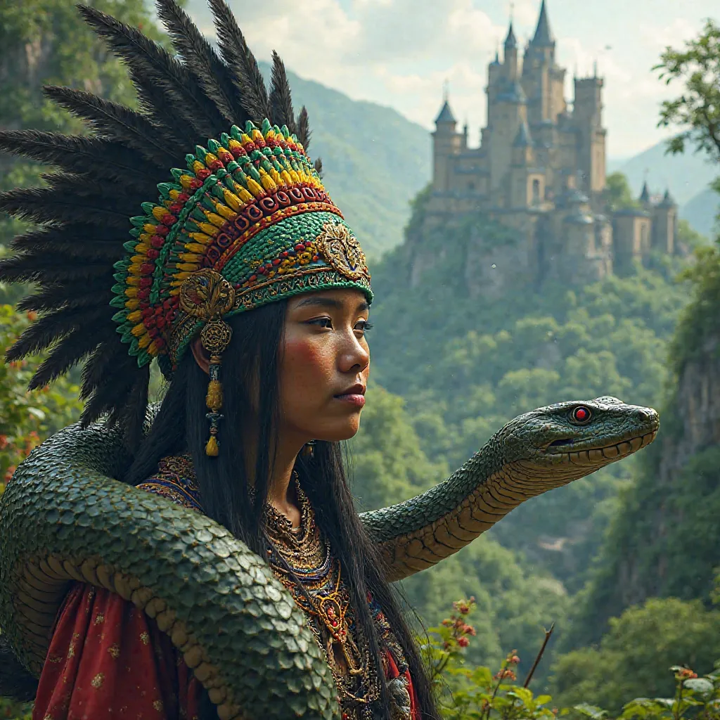 Close-up of Indian with black, green and yellow headdress next to a giant Anaconda, spear,  castle and forest in the background , "PKY " Written in the headdress , Realistic, digital art.