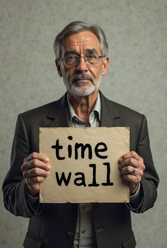 Photo of a person of age 30 holding a paper with the word 'Time Wall' on it.
