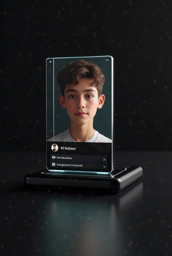 Create tagram profile on glass card black dink displaying instagra and realistic profile photo of a age boy fonts under the profile photo