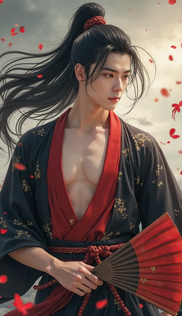 "A handsome and elegant wind demon with long and straight black hair, tied in a tall ponytail that moves with the breeze. His intense red eyes reflect a free and challenging spirit, with a mysterious smile on his face. He wears a black and red kimono with ...