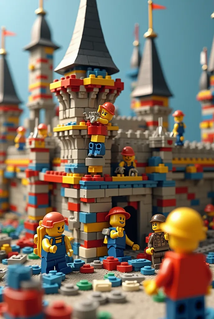 Miniature workers building a Lego castle