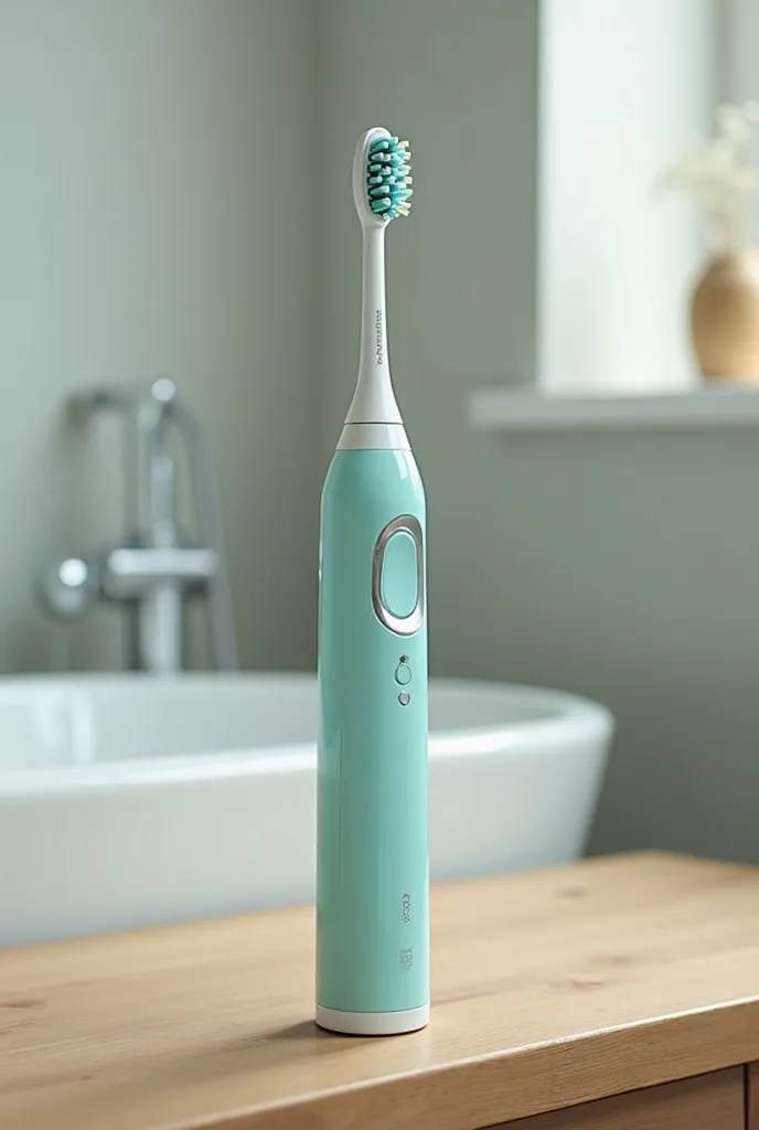 the electric toothbrush stands on the table at a close angle, bathtub in the background