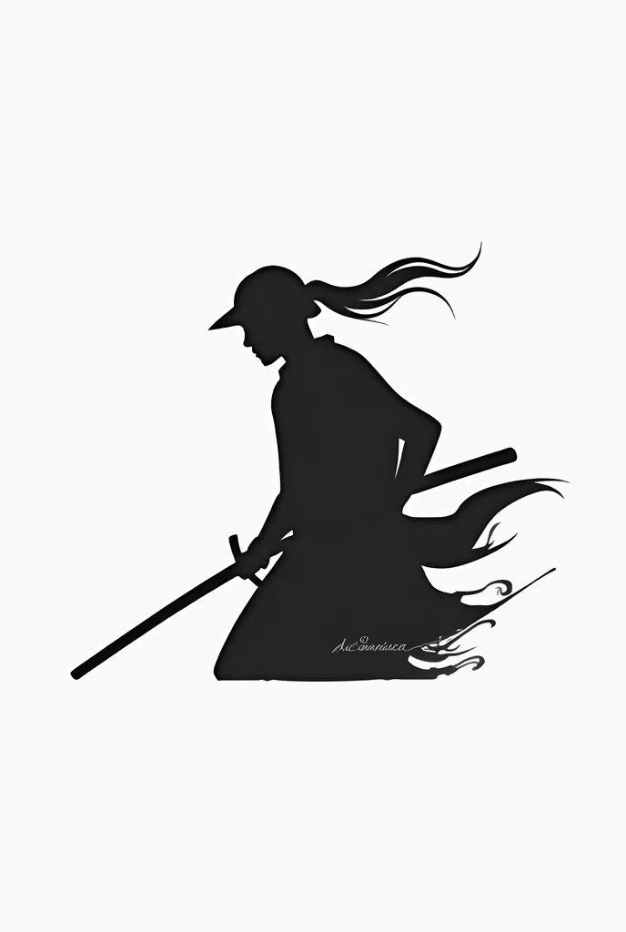 Create a logo with a black samurai silhouette without many details with a kind of trail behind him as if he had come running,background white,image black
