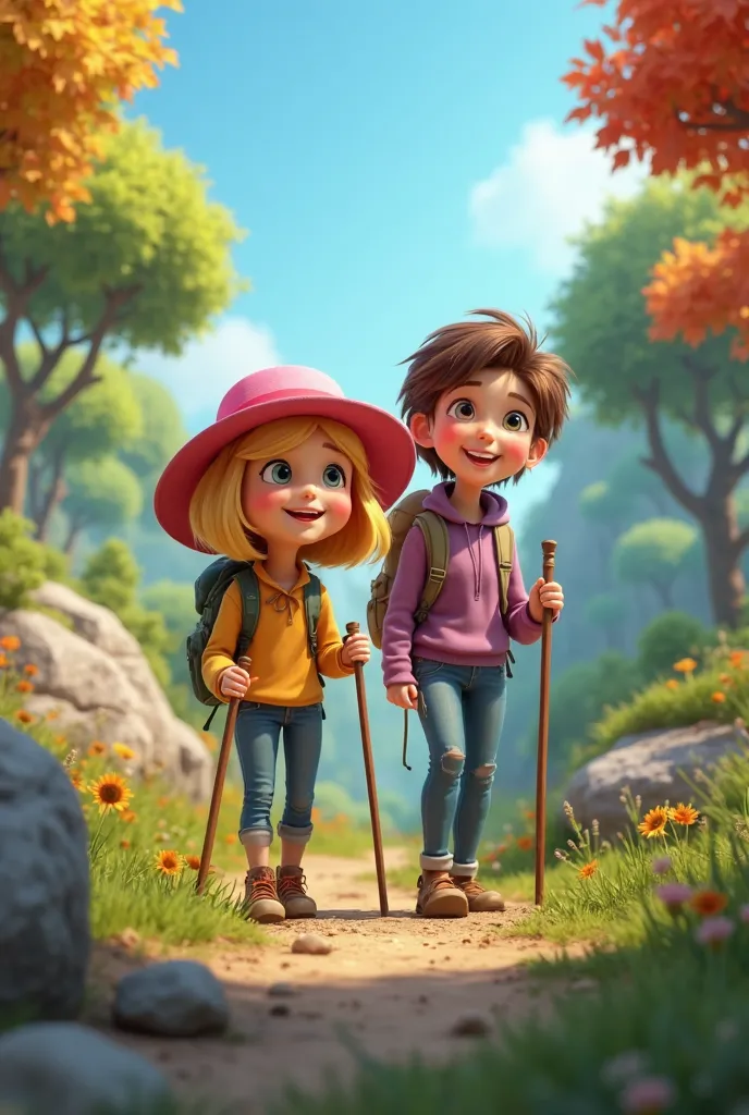 "A vibrant and detailed 3D animation showing a young blonde with bright eyes, wearing a pink hat and a yellow blouse, along with an older woman with short brown hair, wearing a lilac long sleeve blouse and a backpack. Both are hiking in a lush forest, fill...