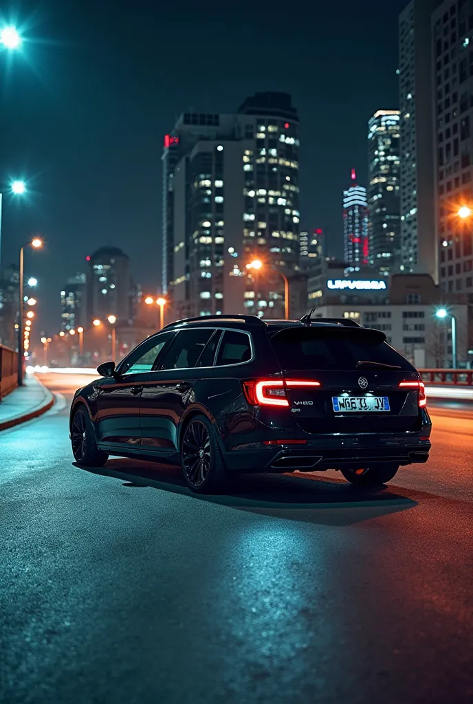 night scene depicting a black Skoda Octavia III RS station wagon (po liftingu) on the bend of a city road. Car parked, LED spotlights illuminate the modern city with tall buildings and neon lights in the background. Body reflects city lights, highlighting ...