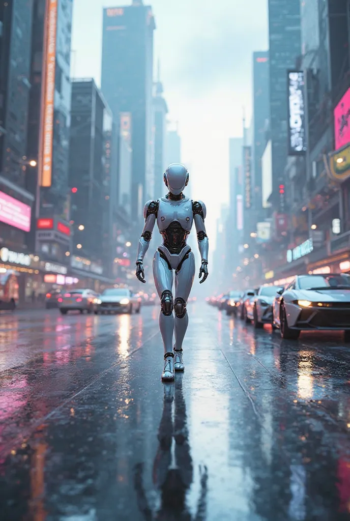 (photorealism:1.2), white robot walking down a futuristic street with flying cars, resplendent sky, tall and shiny buildings,  Metallic details , Neon lights, Blur motion effects, dramatic lighting, cyberpunk style, hyperrealistic digital painting, high de...