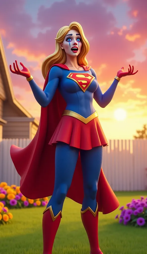 laugh an image in the visual style characteristic of Fortnite,  with a vibrant aesthetic , colorful and slightly cartoonish. The scene features Supergirl standing out in a stylized suburban backyard, with a very happy and contented alerquin, very happy and...