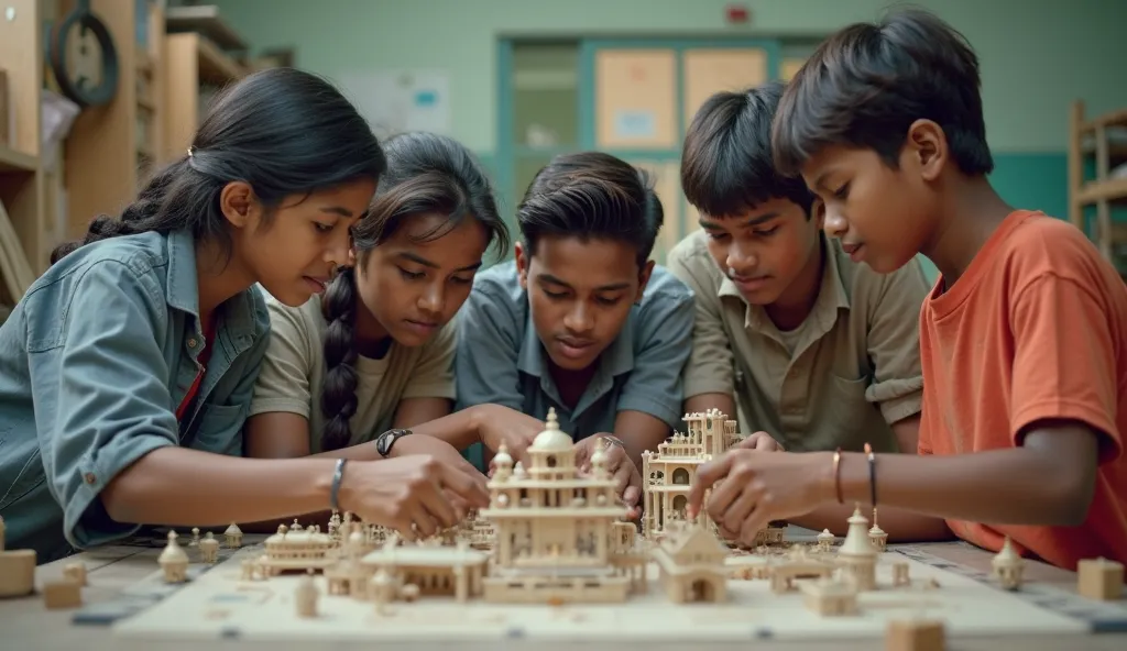 Create a picture of a group of young sri lankan university students facing a challenge while making a miniature.