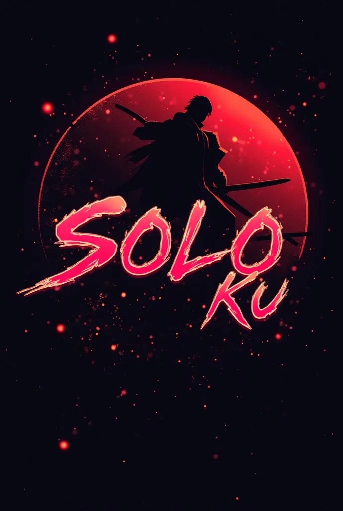 Design a vibrant, anime-inspired logo for 'Solo Ku' with sharp, angular typography. Blend neon colors (black, red , ) against a dark gradient background. Include a minimalist mascot (e.g., lone Sung Jin woo, knife warrior) and dynamic elements like Shadows...