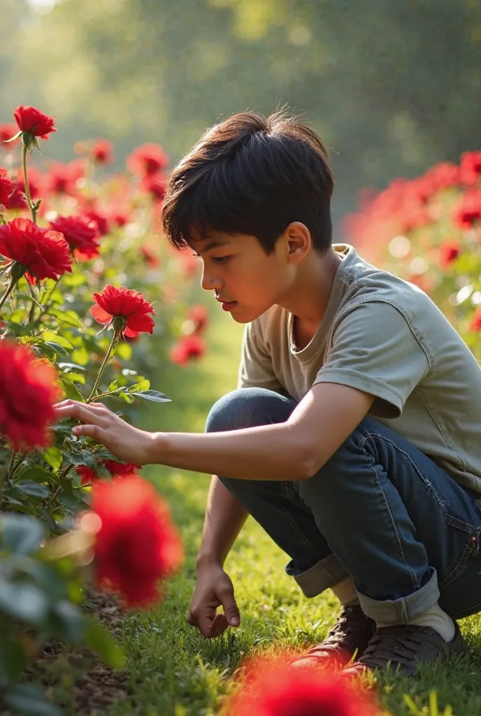 A young 18-year-old boy with short black hair and a casual outfit (jeans and a t-shirt) is crouching in a lush garden, reaching out to pick a single red rose. The garden is filled with many other vibrant red roses in full bloom, with green leaves and stems...