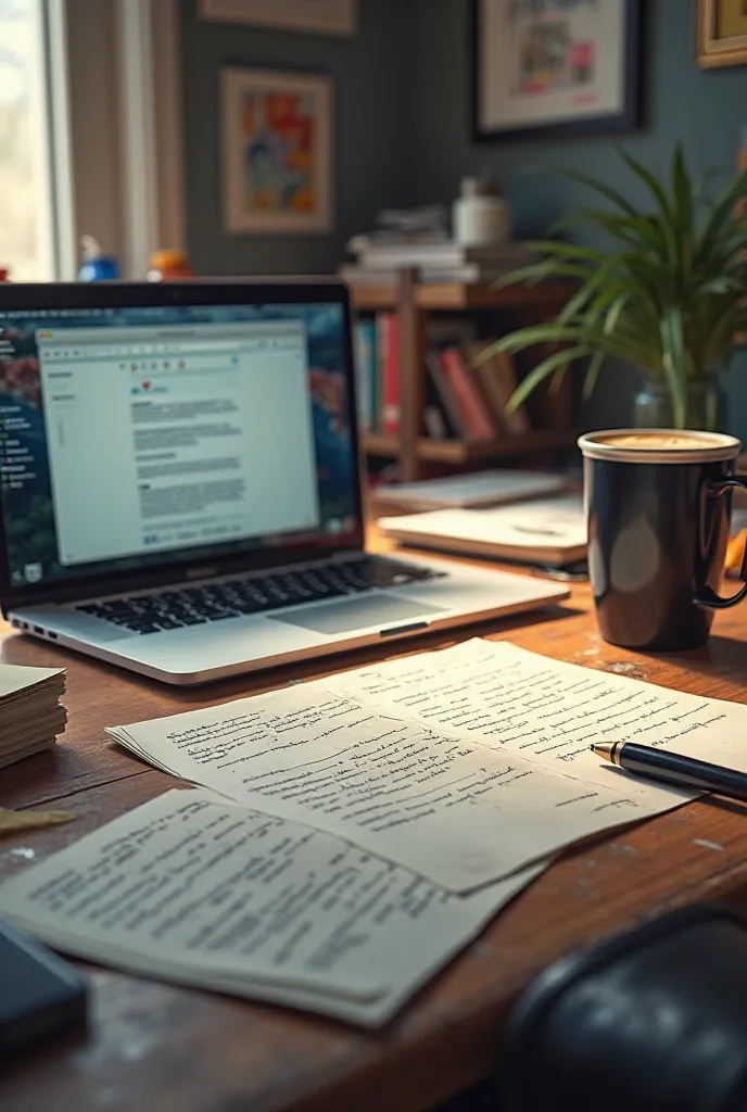 A cluttered desk with documents, a laptop, and a cup of coffee. The coffee cup is black and no coffe left inside. The screen of the laptop shows an unfinished email.