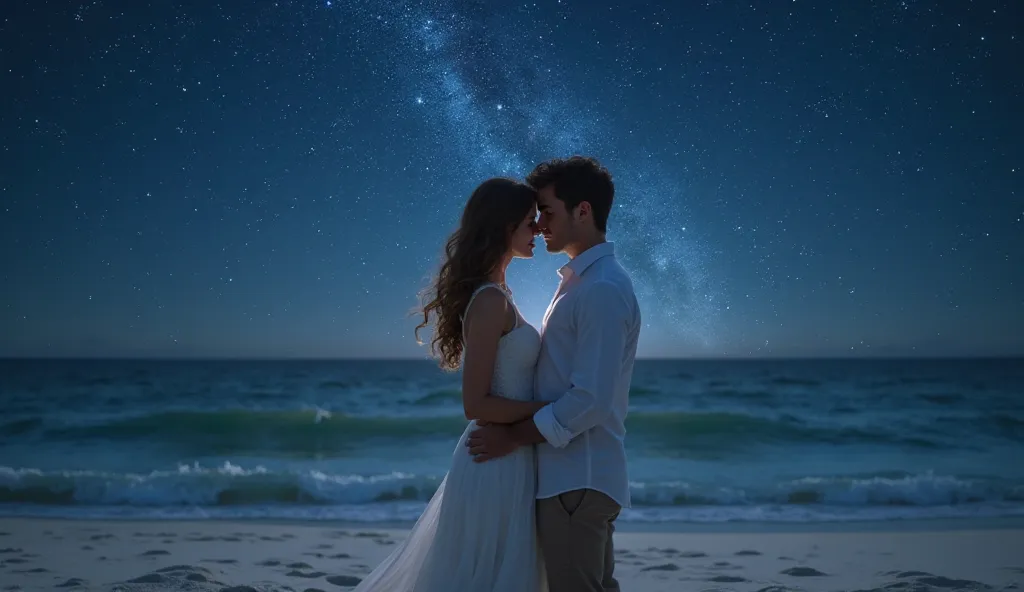 A handsome young man wearing a white shirt, and a beautiful young girl wearing a white dress on a beach with wonderful white sand, at night. The sky is crowded with stars and there is no moon