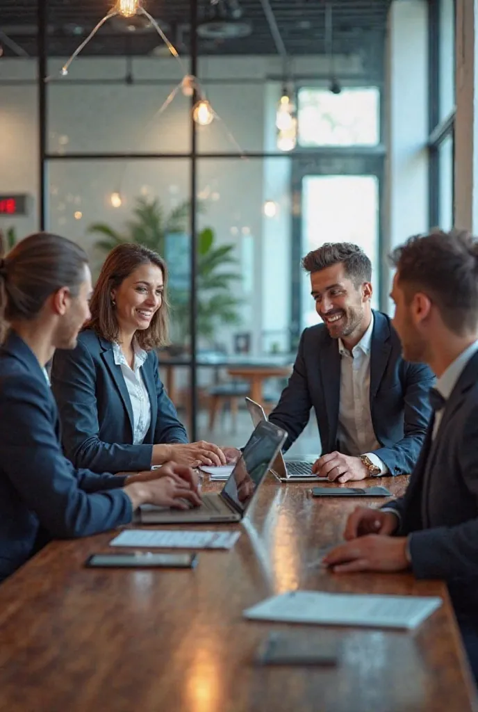 SnapShift employees receive guests at the office, Contract open laptop.